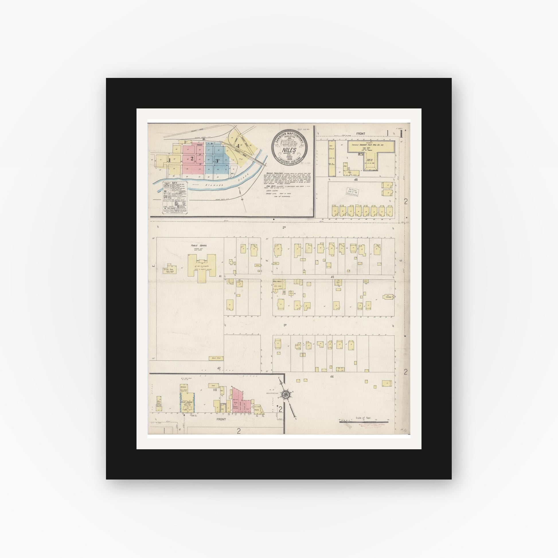 Old map wall art mockup — black gallery frame with white mat — Sanborn Fire Insurance Map from Niles, Alameda County, California (1920) - Complete Map Set