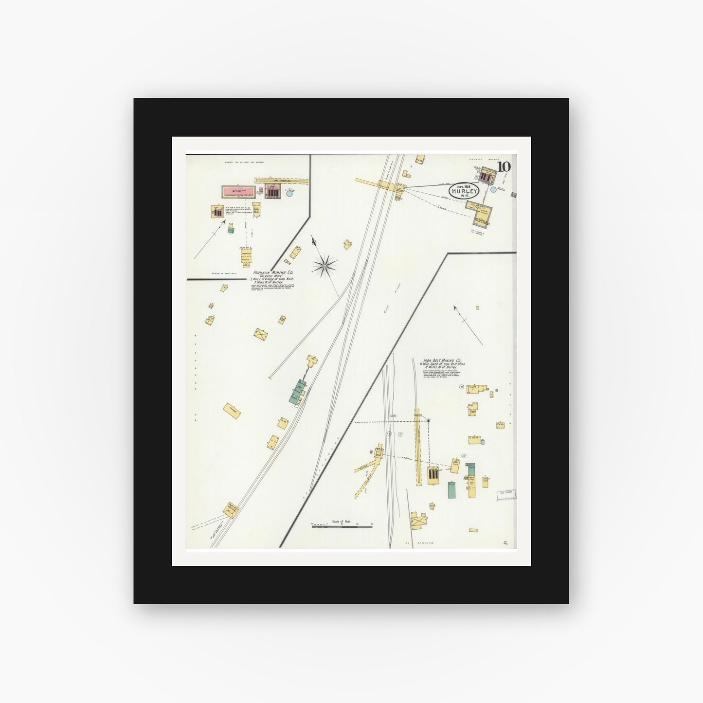 Old map wall art mockup — black gallery frame with white mat — Sanborn Fire Insurance Map from Hurley, Iron County, Wisconsin (1905), Sheet #0010