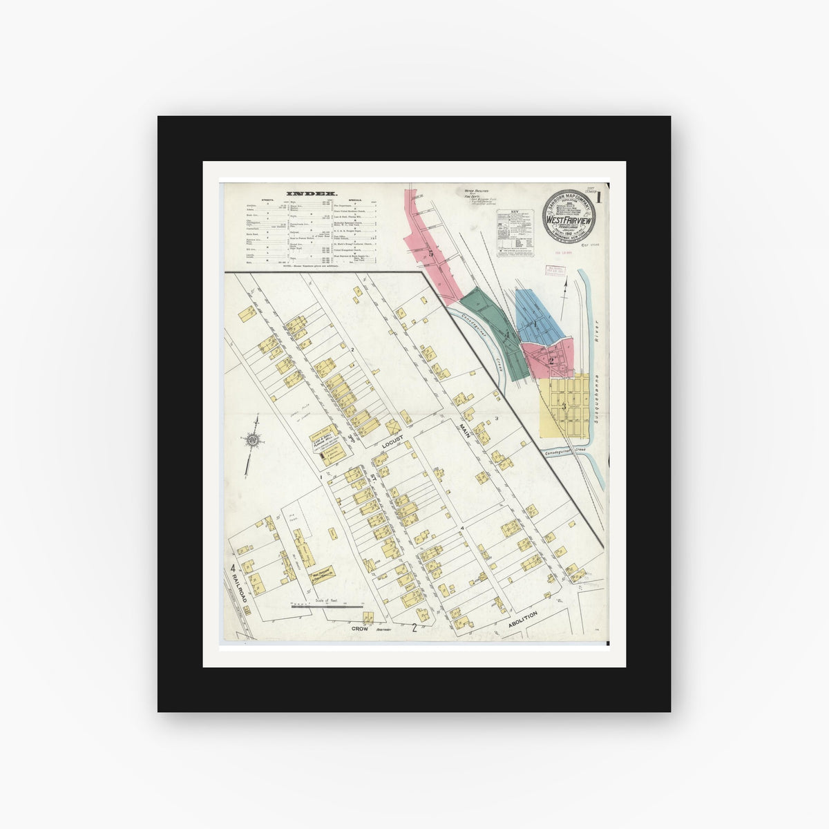 Old map wall art mockup — black gallery frame with white mat — Sanborn Fire Insurance Map from West Fairview, Cumberland County, Pennsylvania (1910) - Complete Map Set