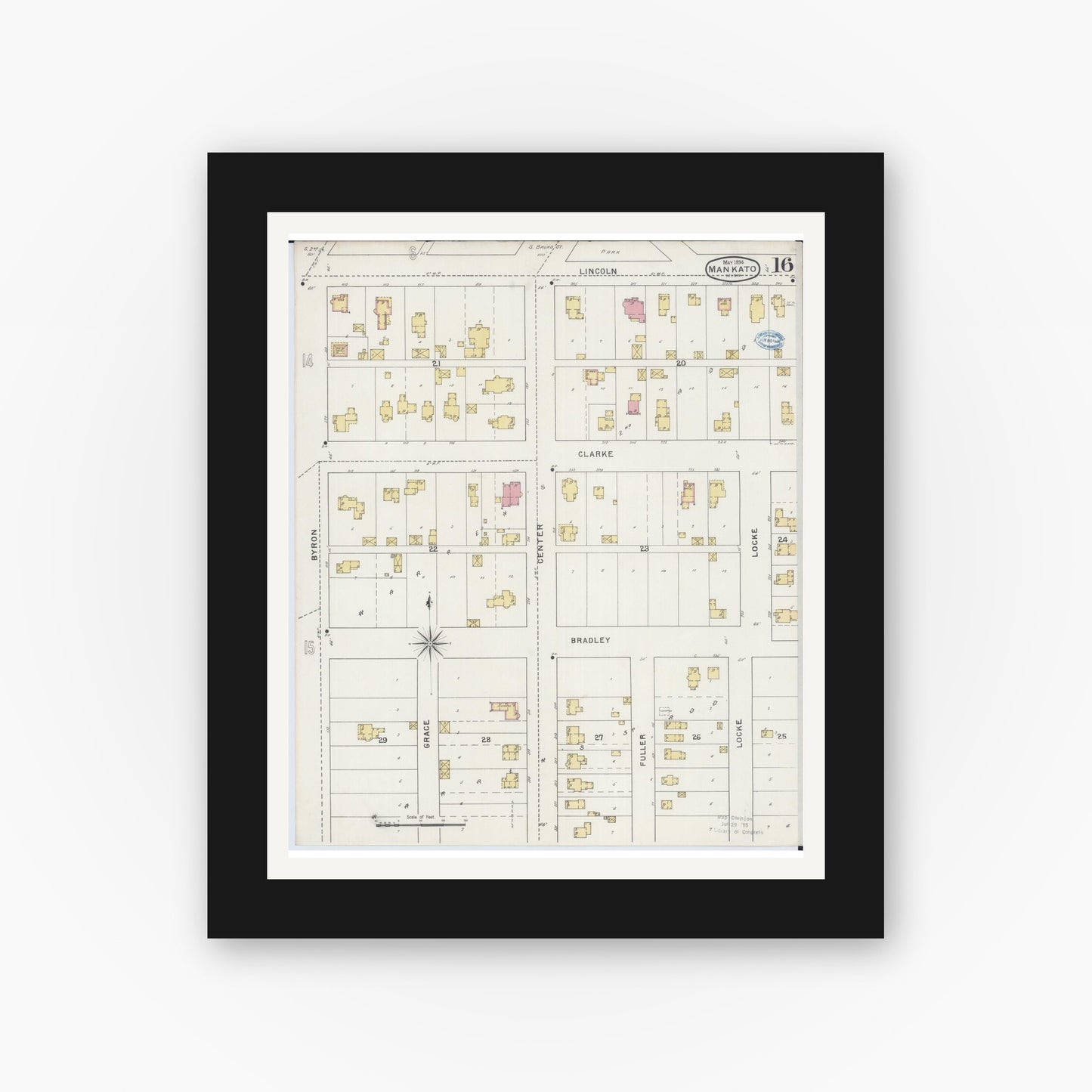 Old map wall art mockup — black gallery frame with white mat — Sanborn Fire Insurance Map from Mankato, Blue Earth County, Minnesota (1894), Sheet #0016