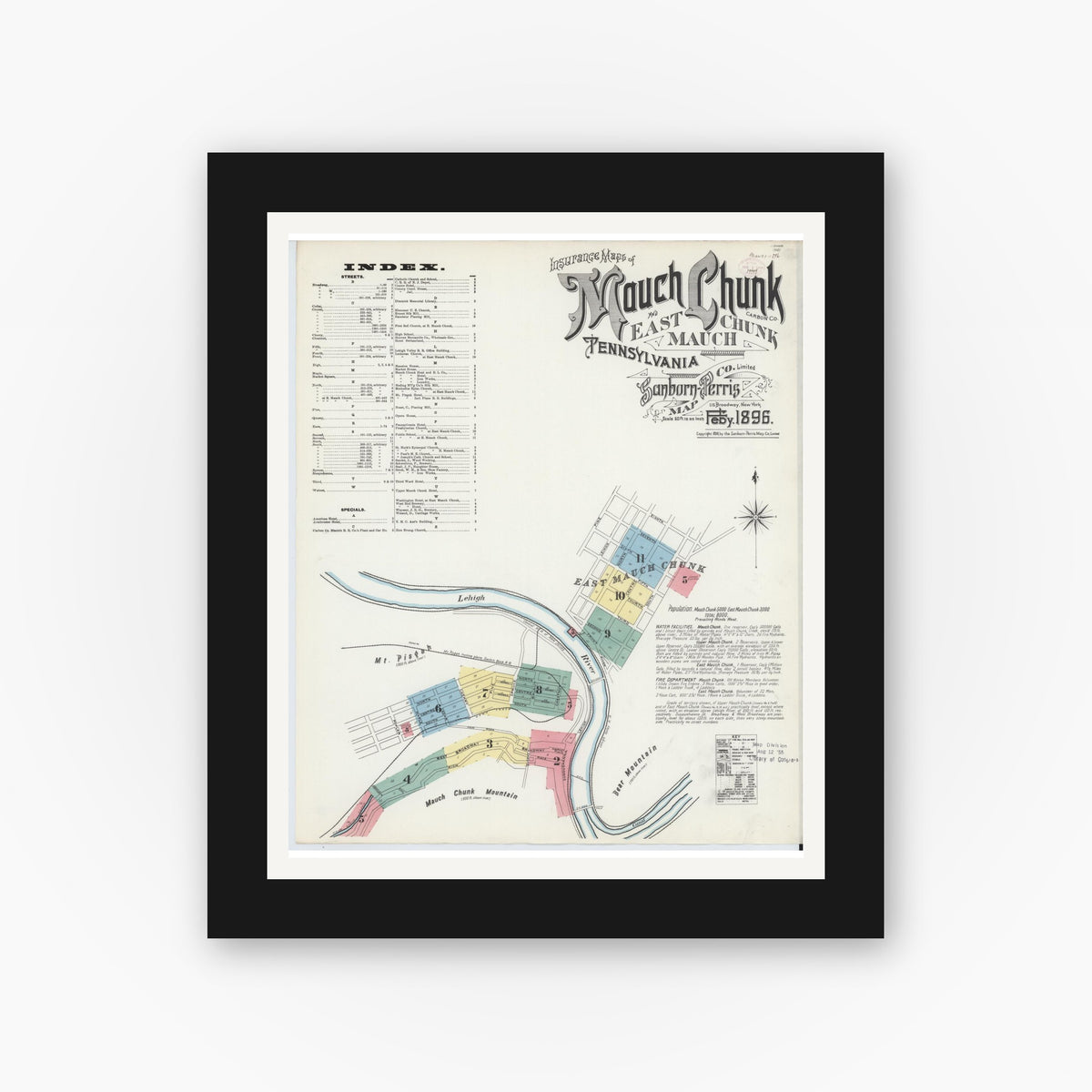 Old map wall art mockup — black gallery frame with white mat — Sanborn Fire Insurance Map from Mauch Chunk, Carbon County, Pennsylvania (1896) - Complete Map Set