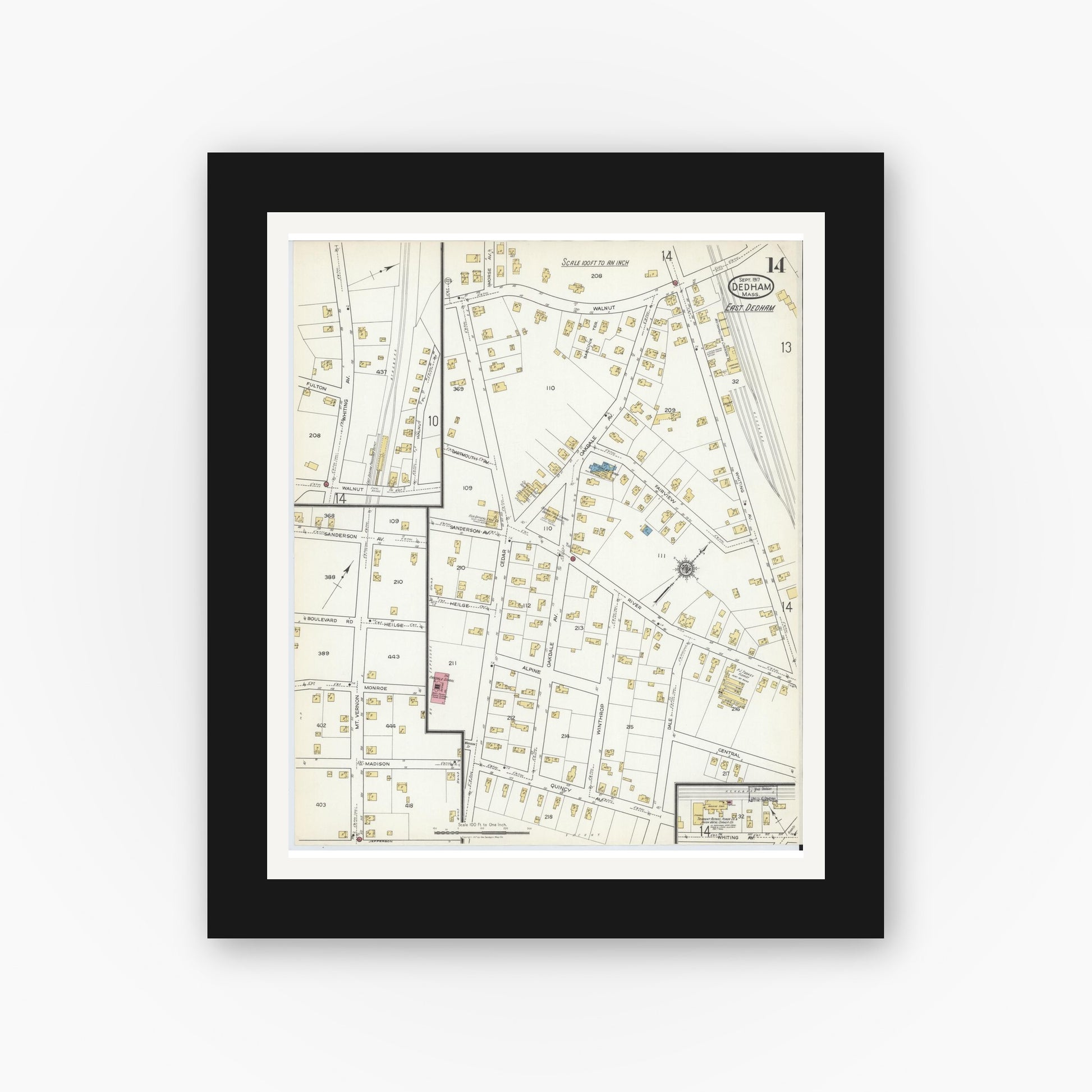 Old map wall art mockup — black gallery frame with white mat — Sanborn Fire Insurance Map from Dedham, Norfolk County, Massachusetts (1917), Sheet #0014