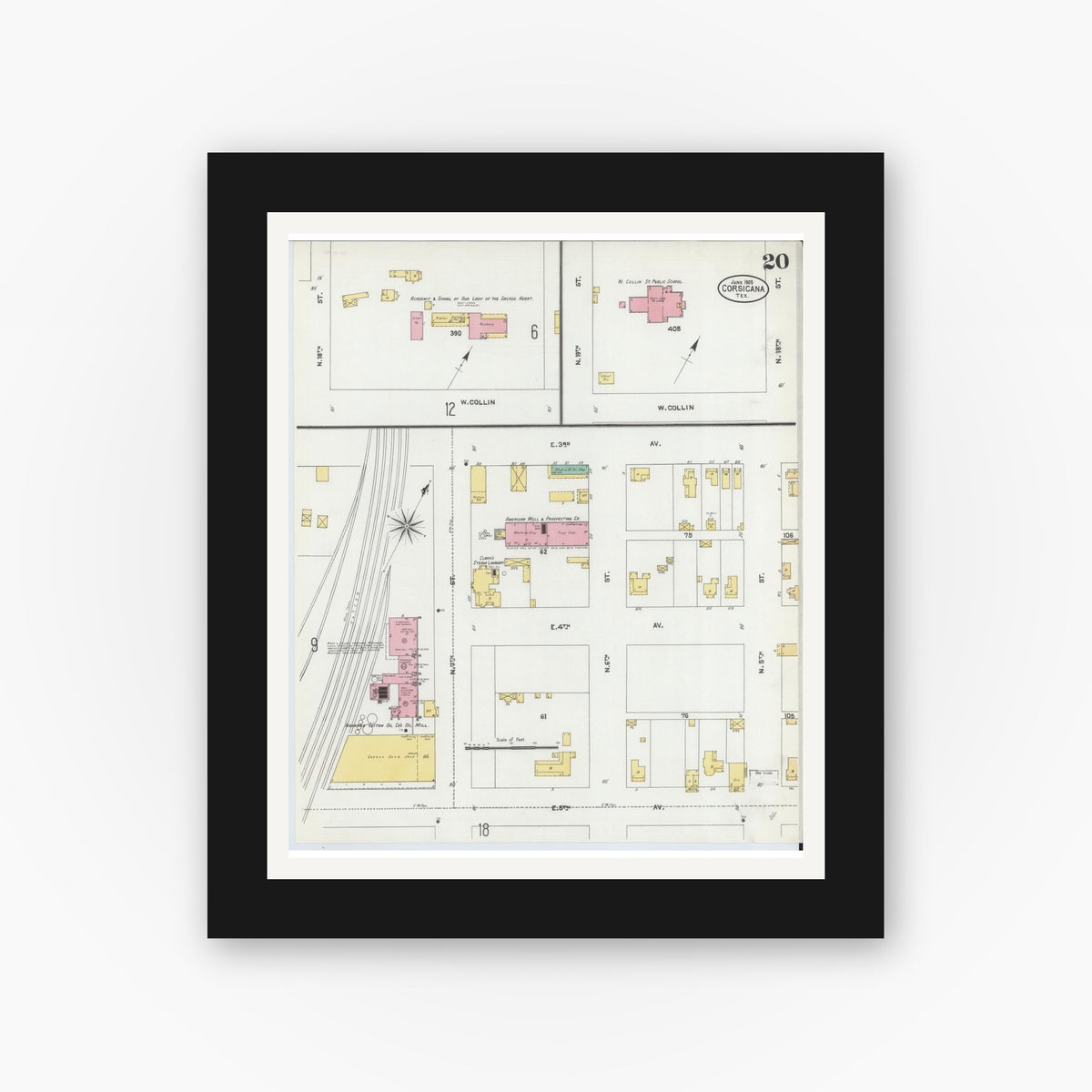 Old map wall art mockup — black gallery frame with white mat — Sanborn Fire Insurance Map from Corsicana, Navarro County, Texas (1905), Sheet #0020