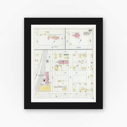 Old map wall art mockup — black gallery frame with white mat — Sanborn Fire Insurance Map from Corsicana, Navarro County, Texas (1905), Sheet #0020
