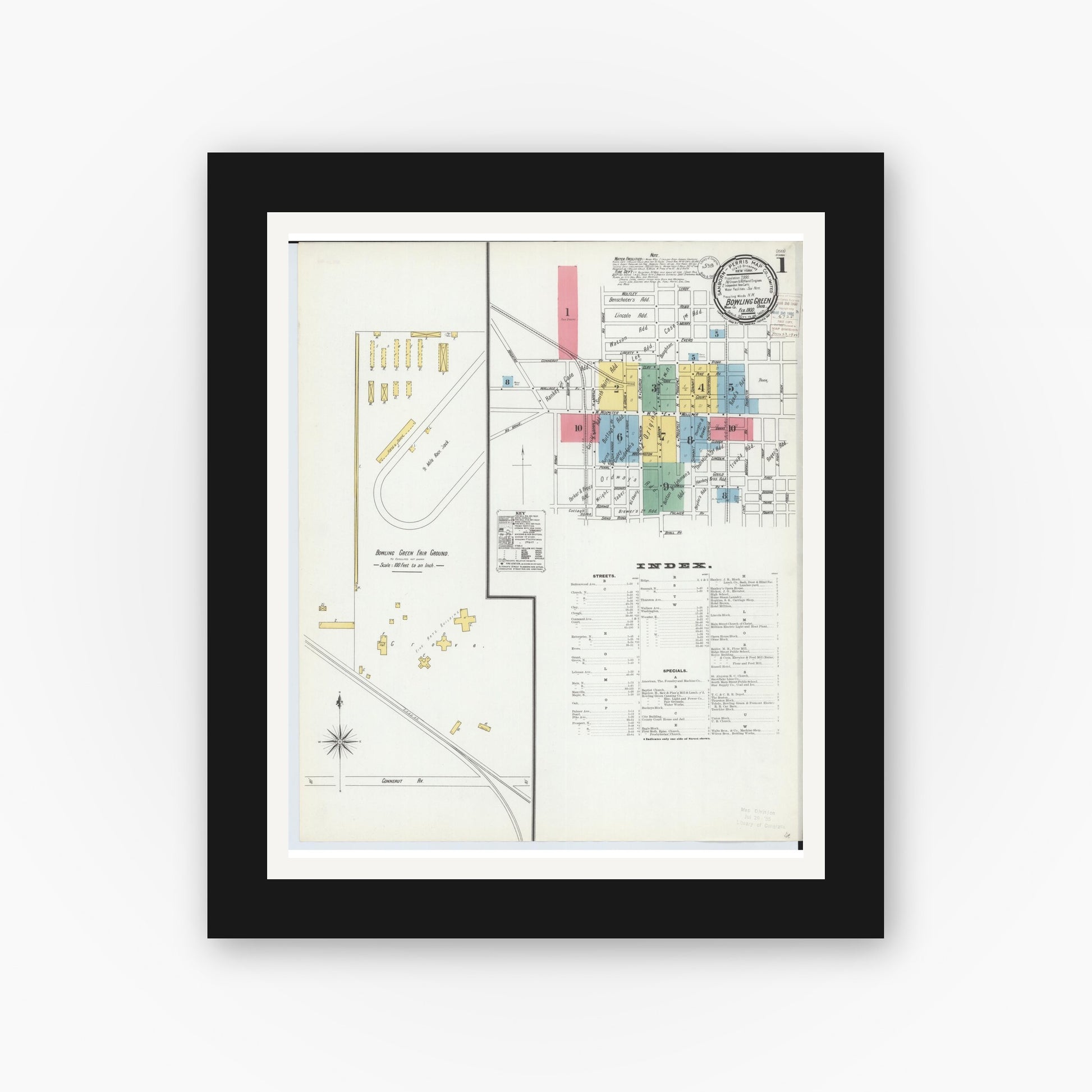 Old map wall art mockup — black gallery frame with white mat — Sanborn Fire Insurance Map from Bowling Green, Wood County, Ohio (1900) - Complete Map Set