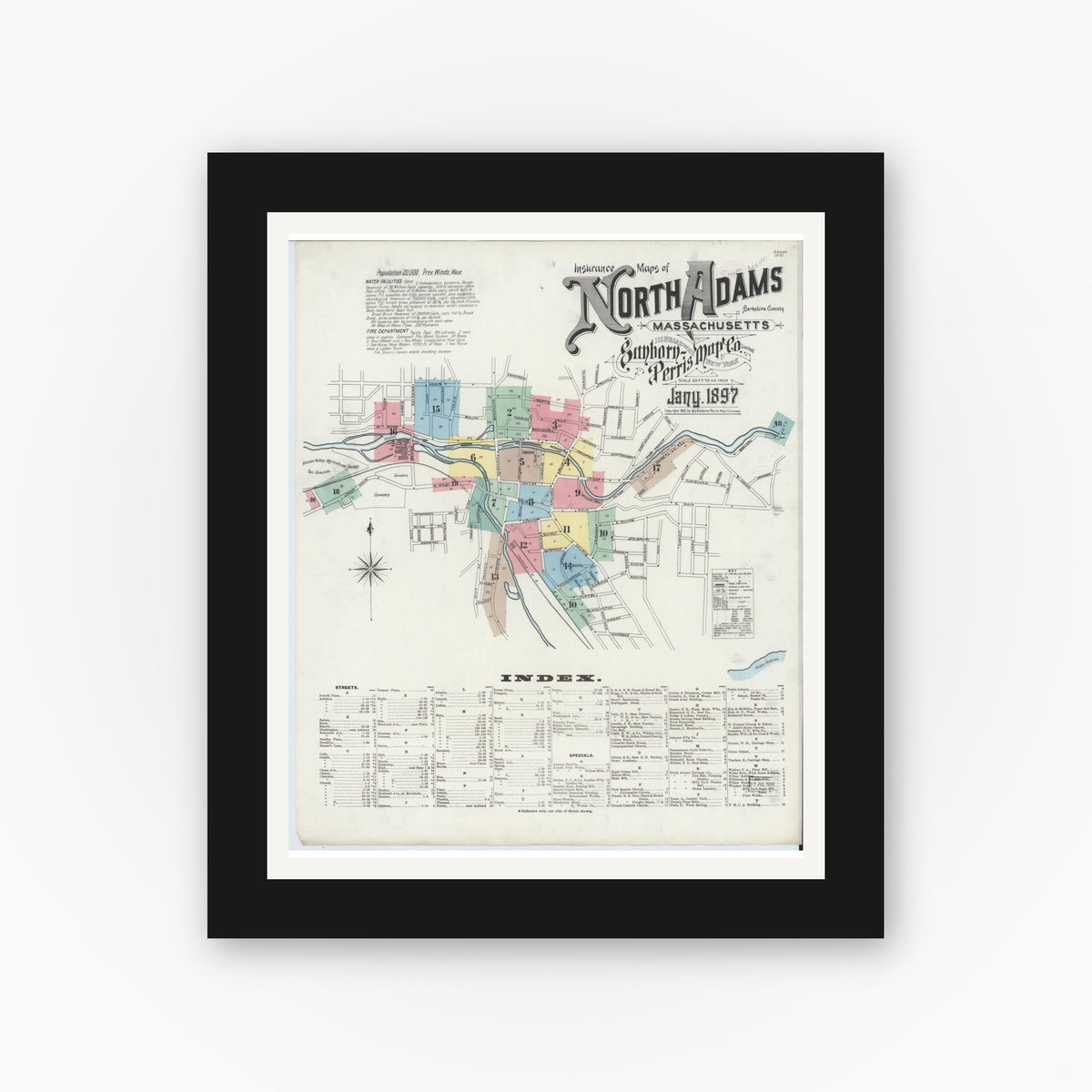 Old map wall art mockup — black gallery frame with white mat — Sanborn Fire Insurance Map from North Adams, Berkshire County, Massachusetts (1897), Sheet #0001