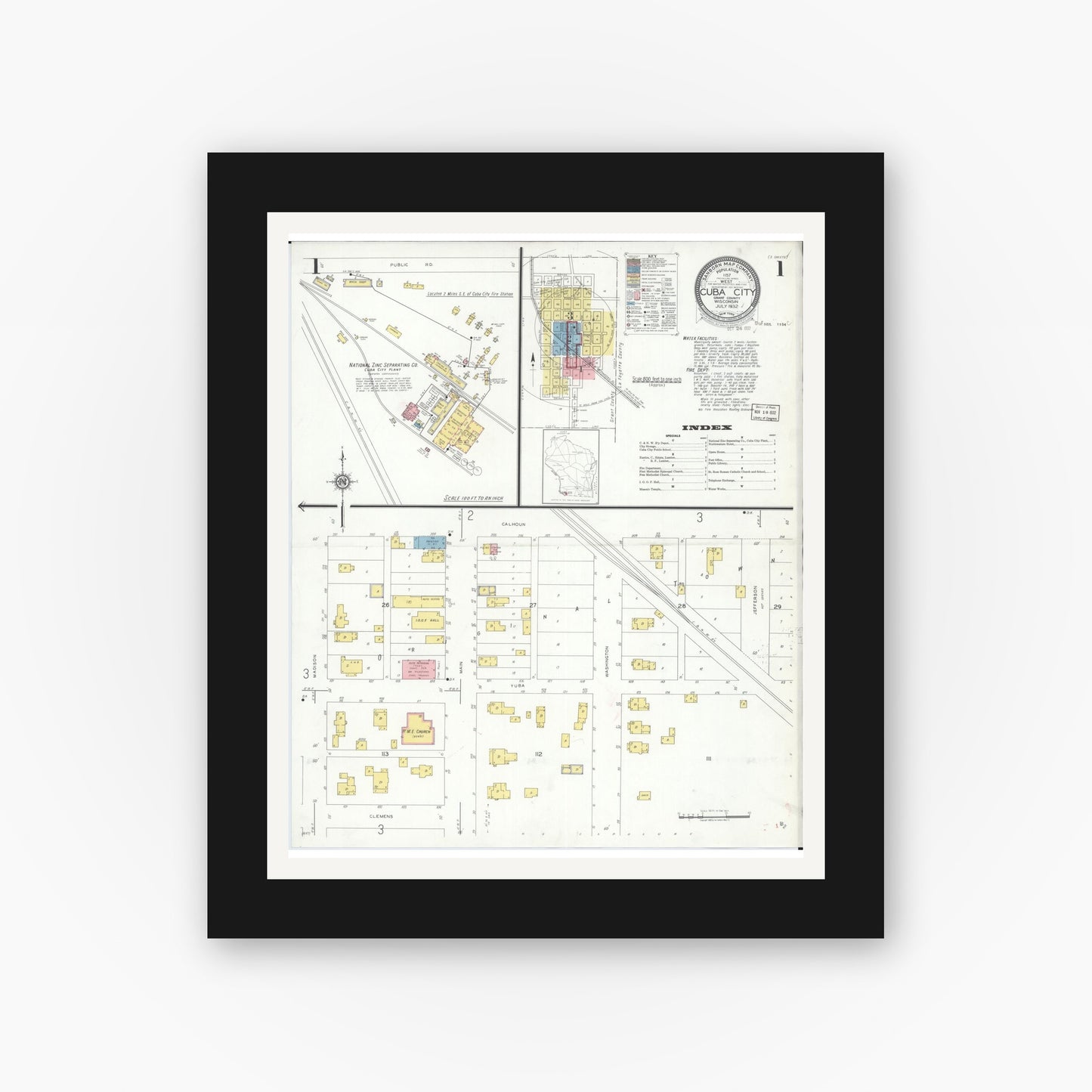 Old map wall art mockup — black gallery frame with white mat — Sanborn Fire Insurance Map from Cuba City, Grant County, Wisconsin (1932) - Complete Map Set