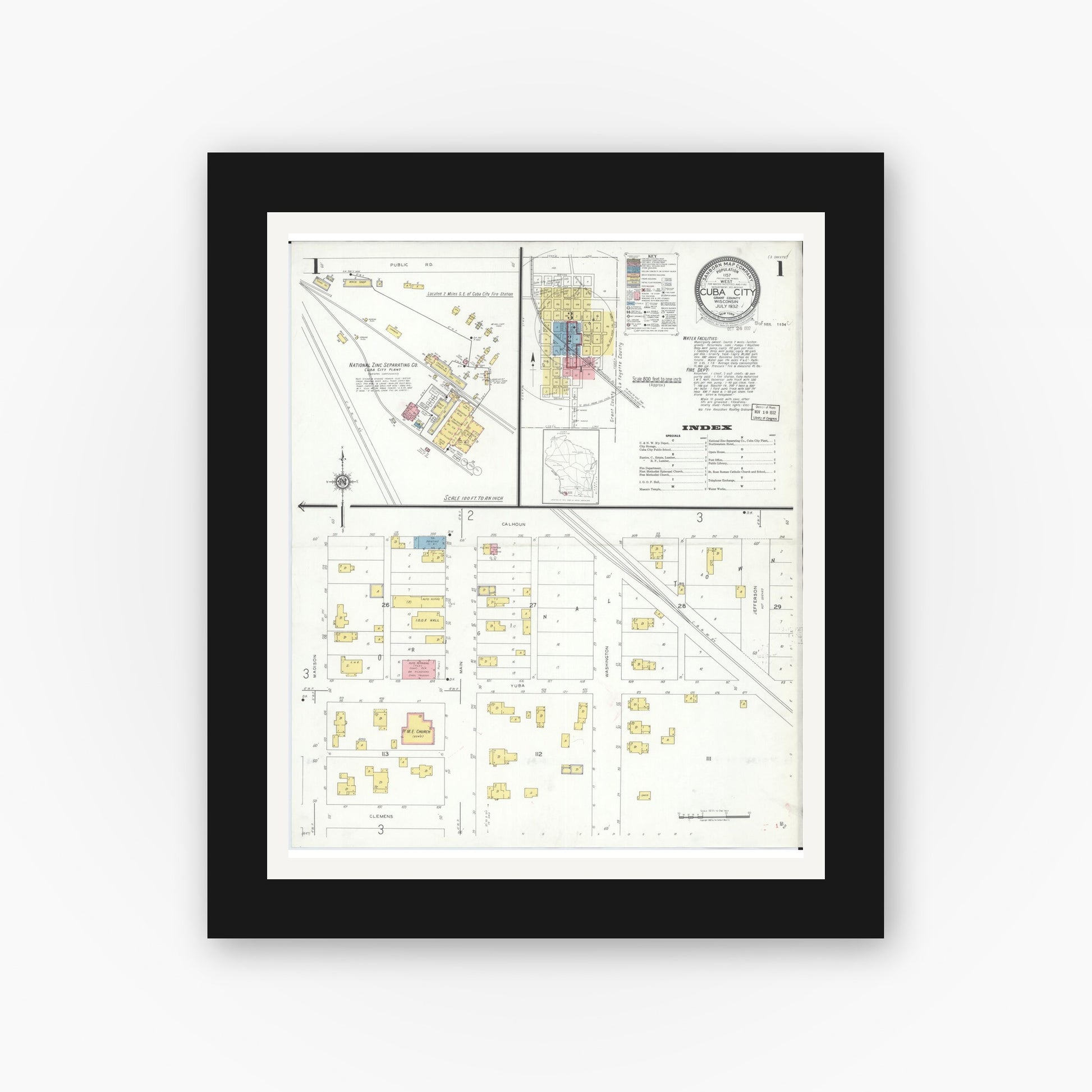 Old map wall art mockup — black gallery frame with white mat — Sanborn Fire Insurance Map from Cuba City, Grant County, Wisconsin (1932) - Complete Map Set