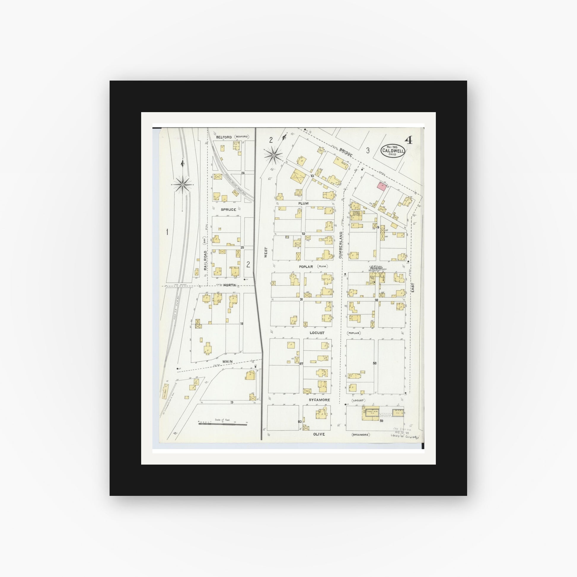 Old map wall art mockup — black gallery frame with white mat — Sanborn Fire Insurance Map from Caldwell, Noble County, Ohio (1905), Sheet #0004