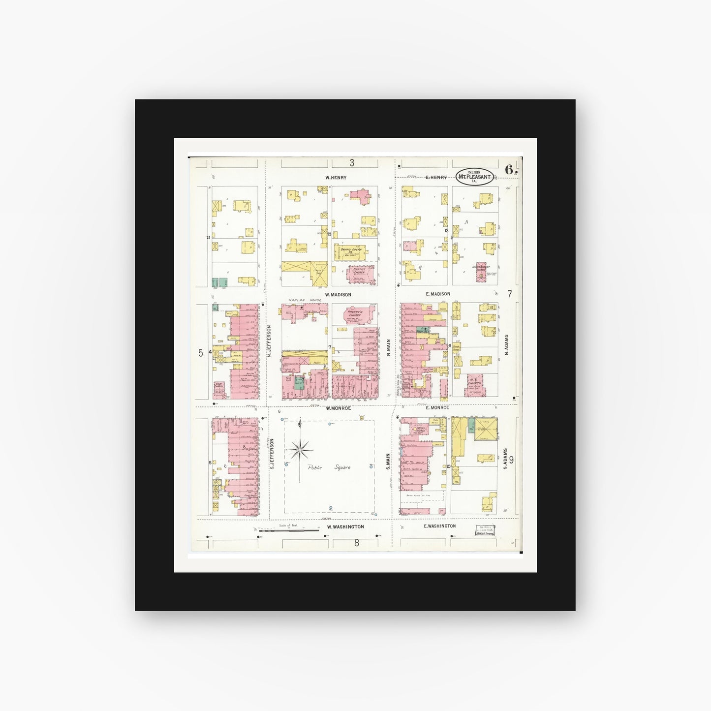 Old map wall art mockup — black gallery frame with white mat — Sanborn Fire Insurance Map from Mount Pleasant, Henry County, Iowa (1899), Sheet #0006