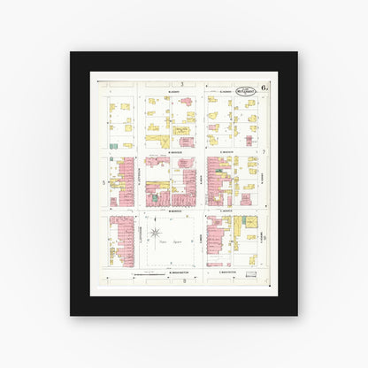 Old map wall art mockup — black gallery frame with white mat — Sanborn Fire Insurance Map from Mount Pleasant, Henry County, Iowa (1899), Sheet #0006