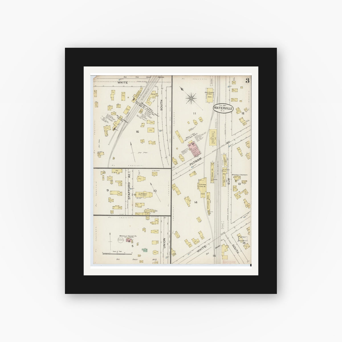 Old map wall art mockup — black gallery frame with white mat — Sanborn Fire Insurance Map from Waterville, Oneida County, New York (1887), Sheet #0003