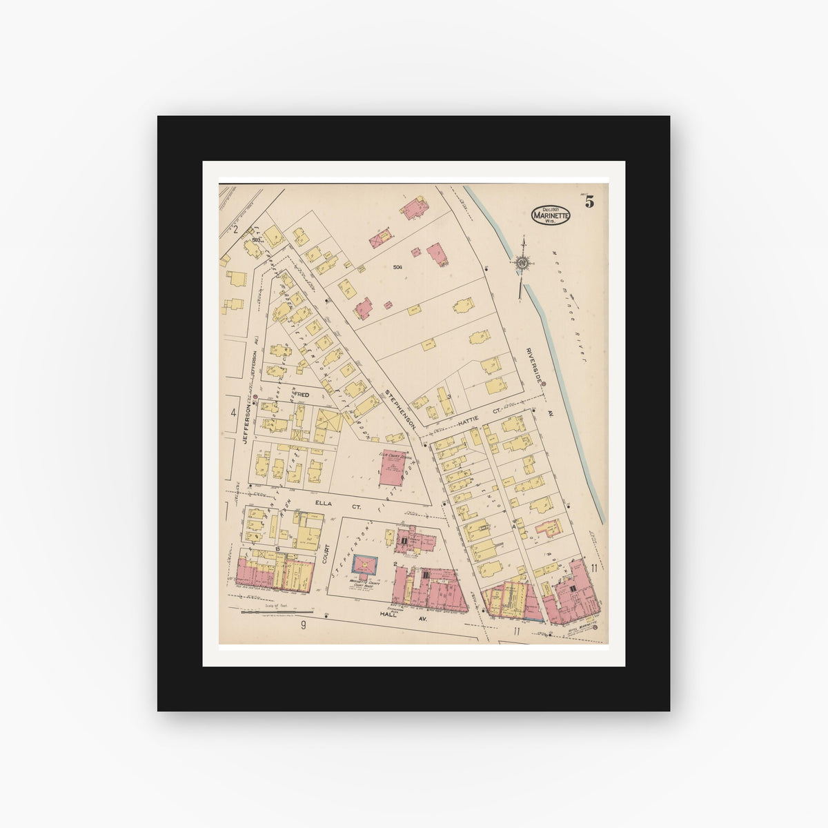 Old map wall art mockup — black gallery frame with white mat — Sanborn Fire Insurance Map from Marinette, Marinette County, Wisconsin (1921), Sheet #0005