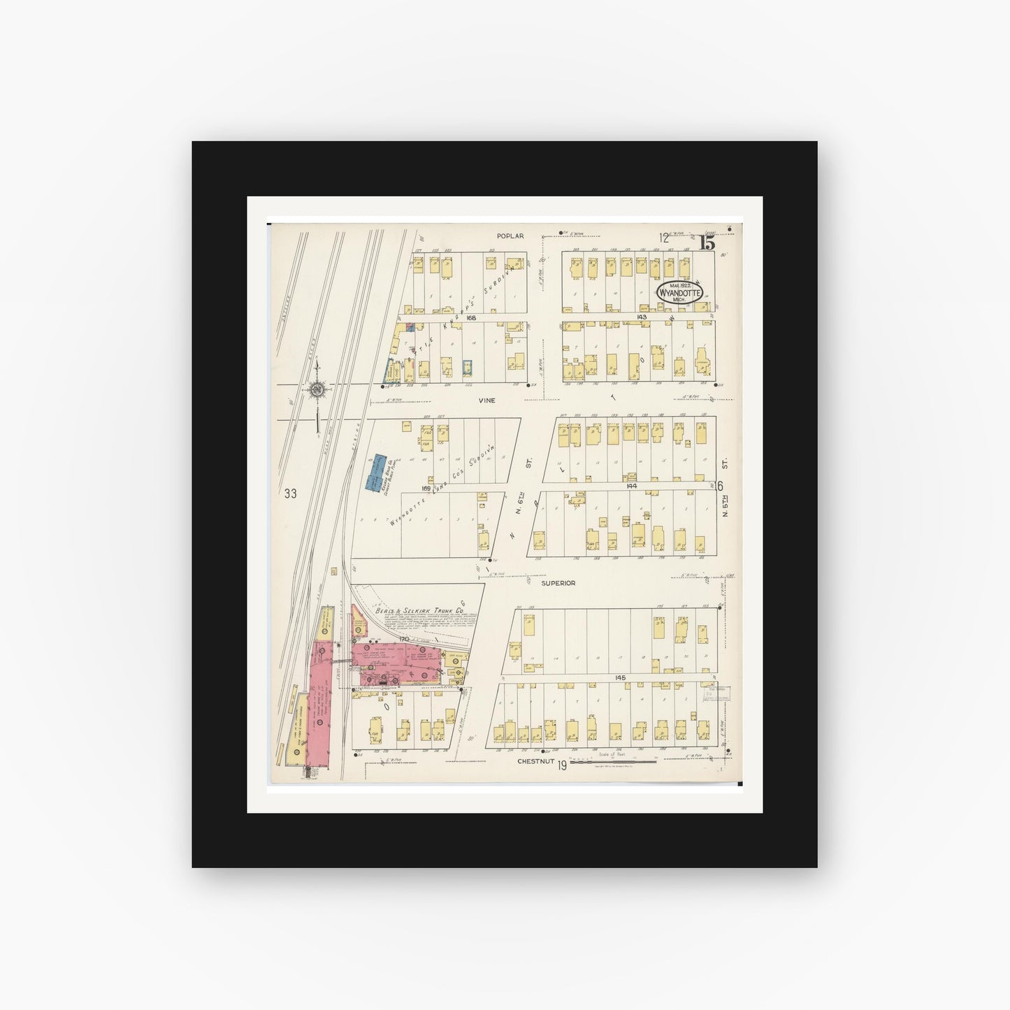 Old map wall art mockup — black gallery frame with white mat — Sanborn Fire Insurance Map from Wyandotte, Wayne County, Michigan (1922), Sheet #0015