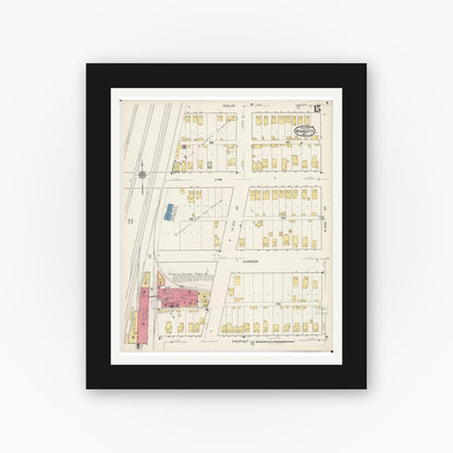 Old map wall art mockup — black gallery frame with white mat — Sanborn Fire Insurance Map from Wyandotte, Wayne County, Michigan (1922), Sheet #0015