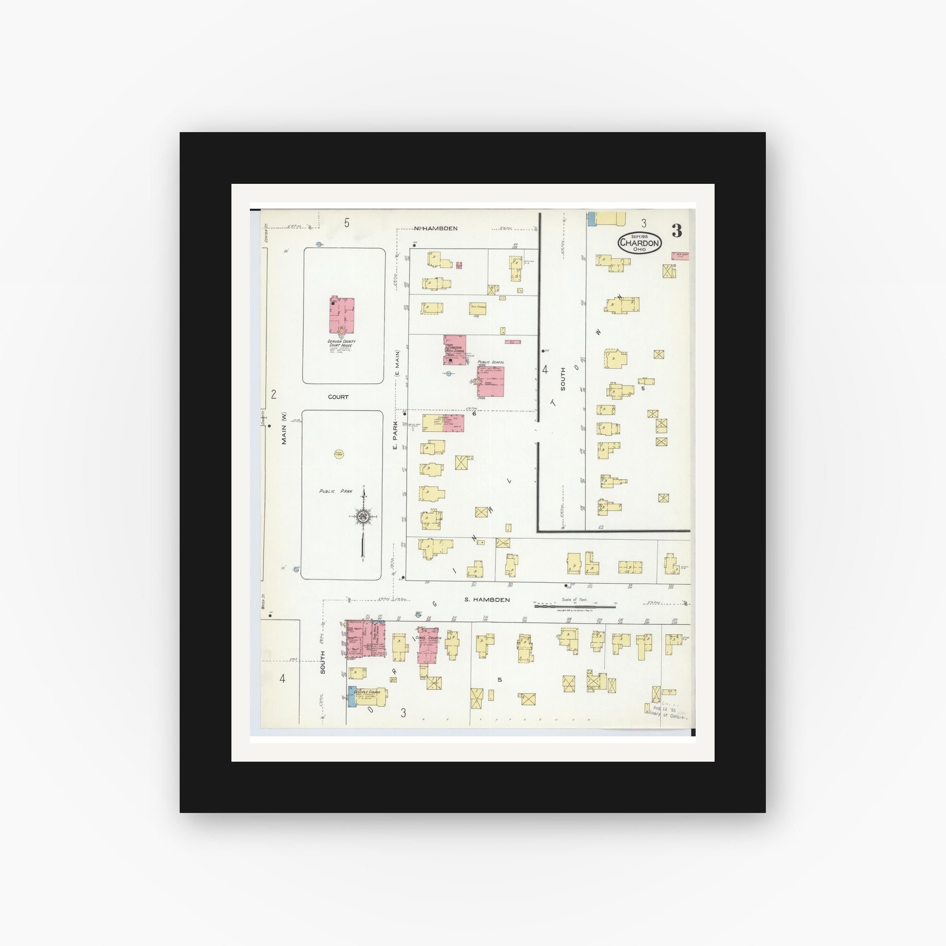Old map wall art mockup — black gallery frame with white mat — Sanborn Fire Insurance Map from Chardon, Geauga County, Ohio (1918), Sheet #0003