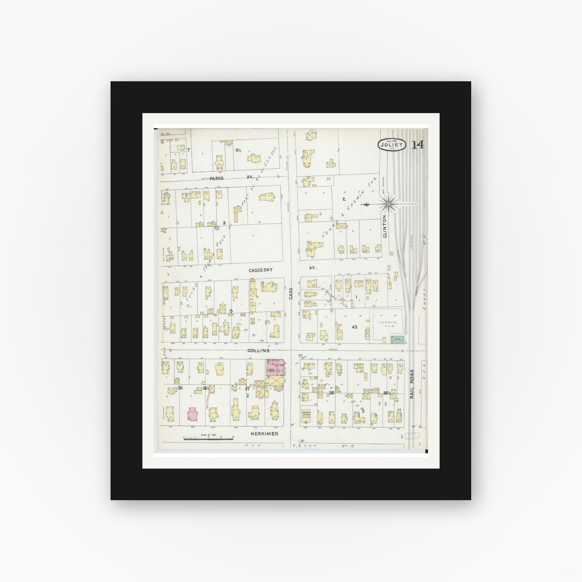 Old map wall art mockup — black gallery frame with white mat — Sanborn Fire Insurance Map from Joliet, Will County, Illinois (1891), Sheet #0014