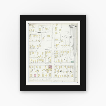 Old map wall art mockup — black gallery frame with white mat — Sanborn Fire Insurance Map from Joliet, Will County, Illinois (1891), Sheet #0014