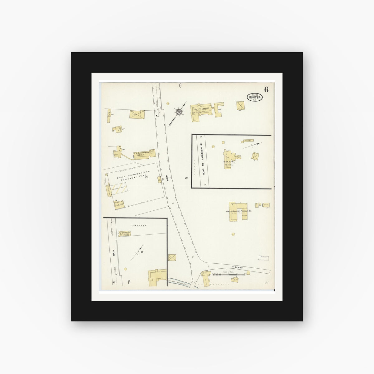 Old map wall art mockup — black gallery frame with white mat — Sanborn Fire Insurance Map from Hunter, Greene County, New York (1912), Sheet #0006