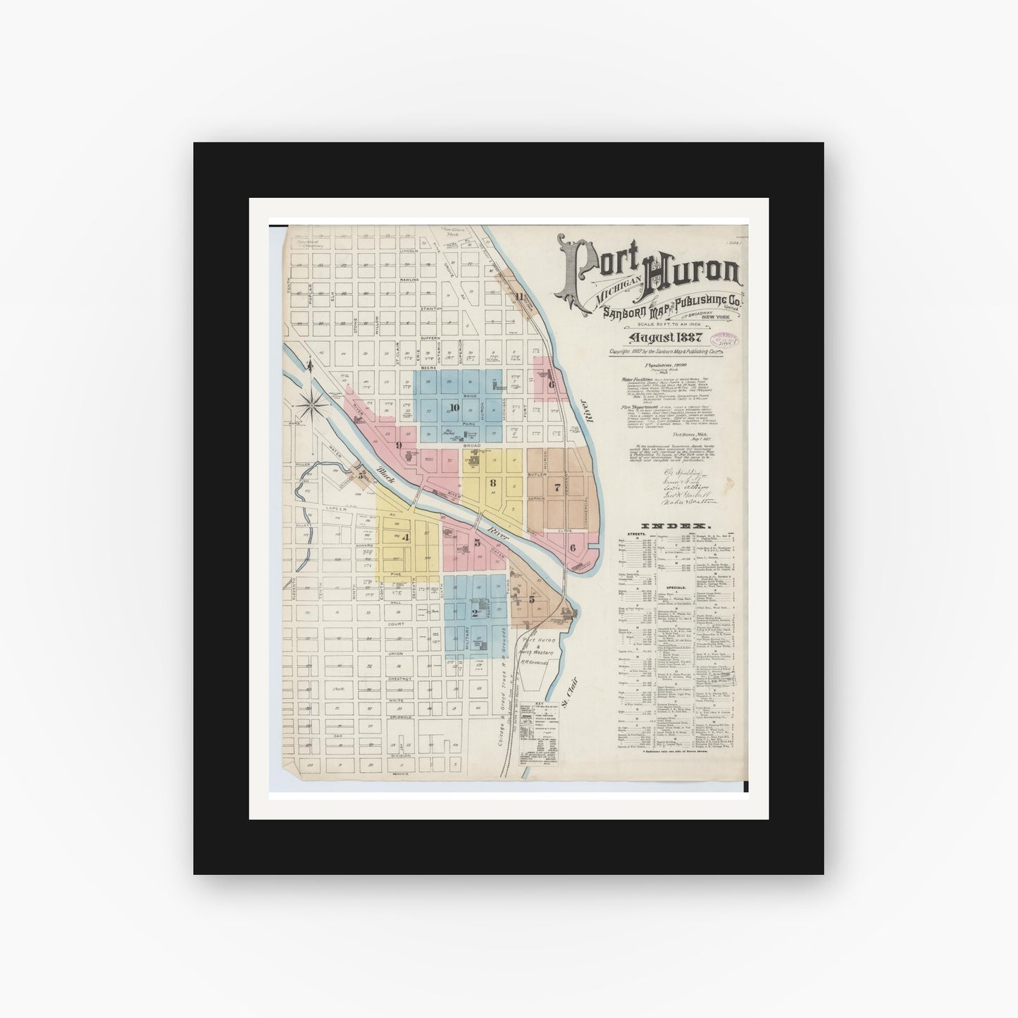 Old map wall art mockup — black gallery frame with white mat — Sanborn Fire Insurance Map from Port Huron, Saint Clair County, Michigan (1887) - Complete Map Set