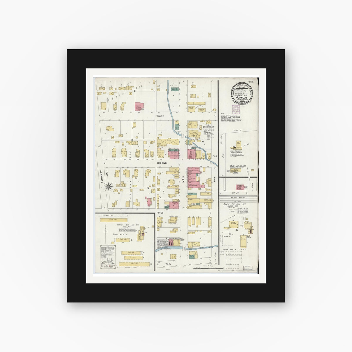 Old map wall art mockup — black gallery frame with white mat — Sanborn Fire Insurance Map from Roanoke, Huntington County, Indiana (1901), Sheet #0001