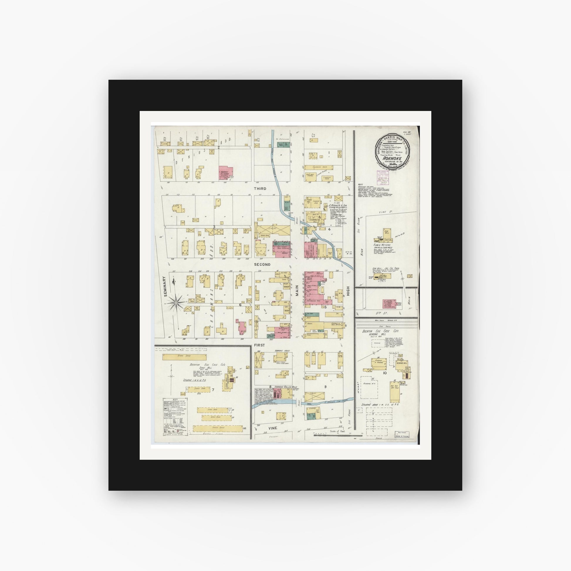 Old map wall art mockup — black gallery frame with white mat — Sanborn Fire Insurance Map from Roanoke, Huntington County, Indiana (1901), Sheet #0001