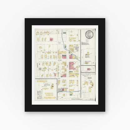 Old map wall art mockup — black gallery frame with white mat — Sanborn Fire Insurance Map from Roanoke, Huntington County, Indiana (1901), Sheet #0001