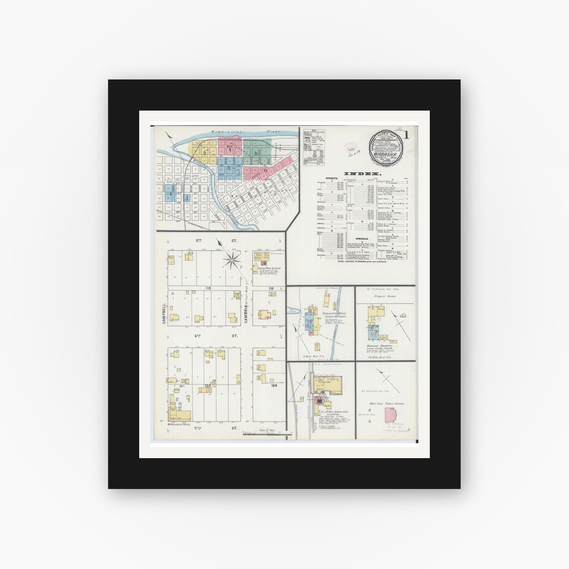 Old map wall art mockup — black gallery frame with white mat — Sanborn Fire Insurance Map from Wabasha, Wabasha County, Minnesota (1895) - Complete Map Set