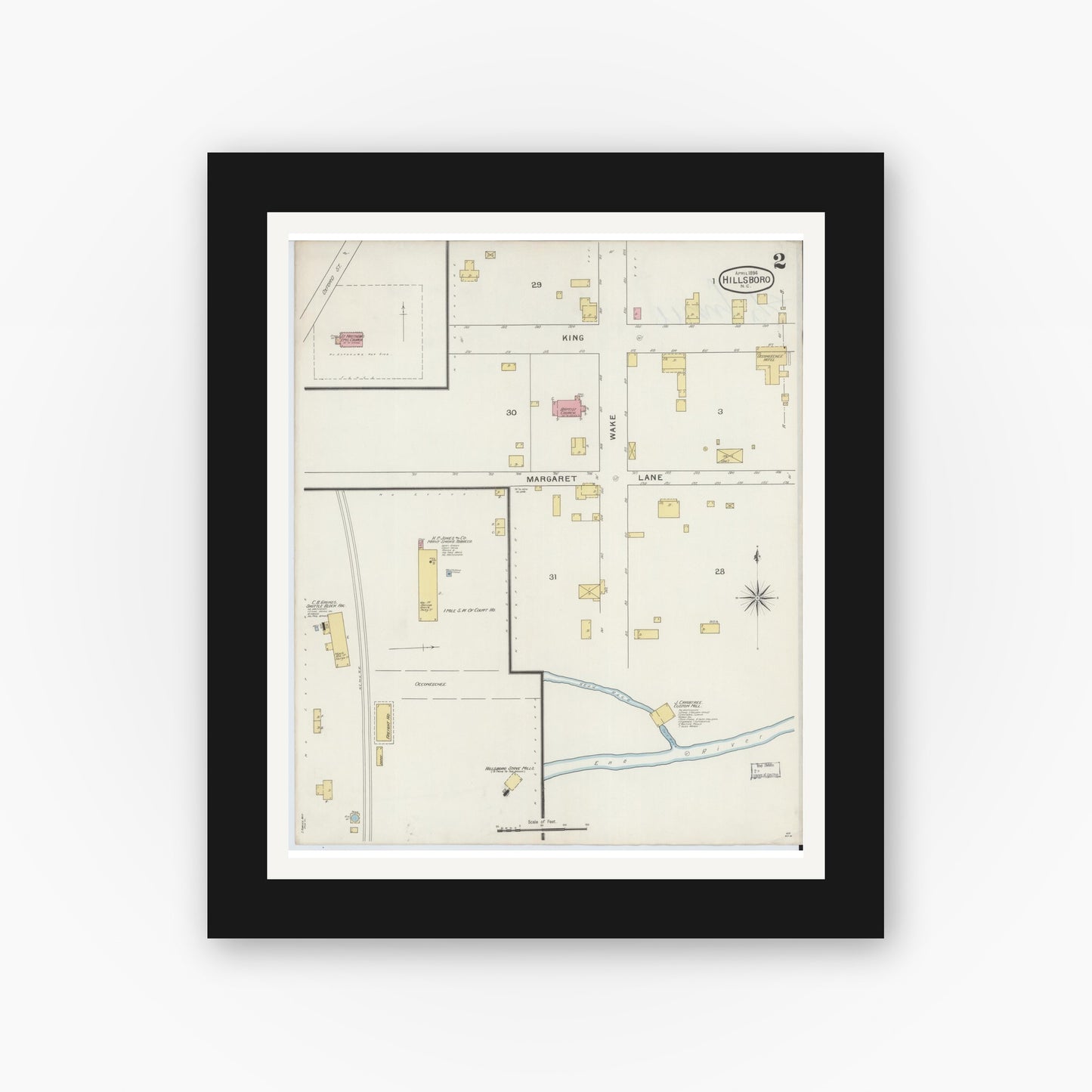 Old map wall art mockup — black gallery frame with white mat — Sanborn Fire Insurance Map from Hillsboro, Orange County, North Carolina (1894), Sheet #0002