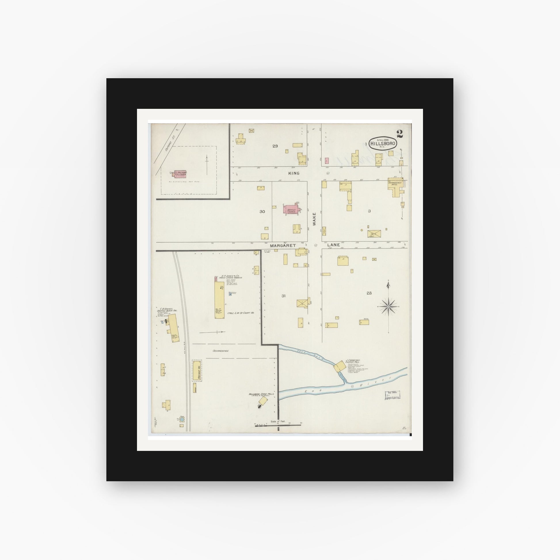 Old map wall art mockup — black gallery frame with white mat — Sanborn Fire Insurance Map from Hillsboro, Orange County, North Carolina (1894), Sheet #0002