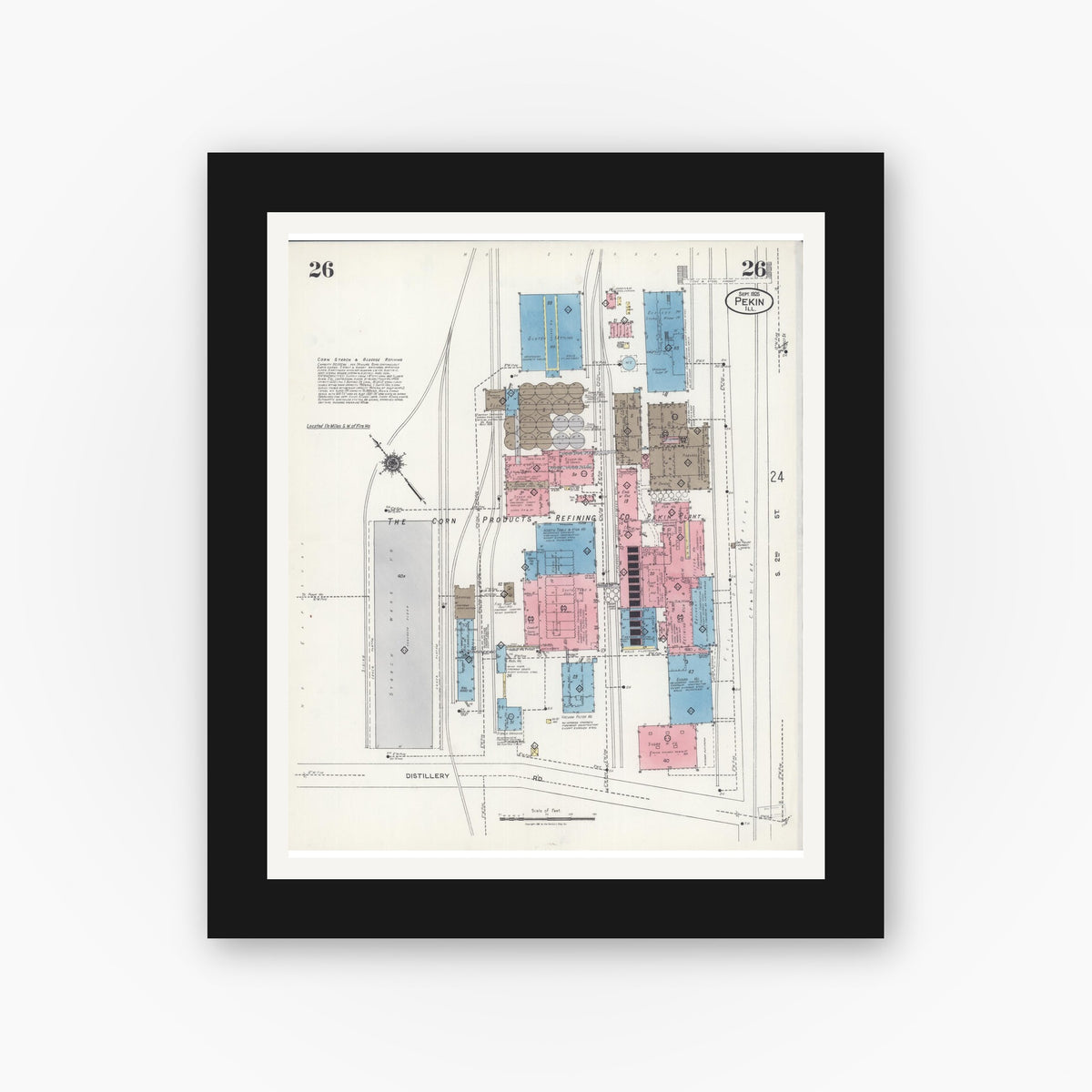 Old map wall art mockup — black gallery frame with white mat — Sanborn Fire Insurance Map from Pekin, Tazewell County, Illinois (1925), Sheet #0026