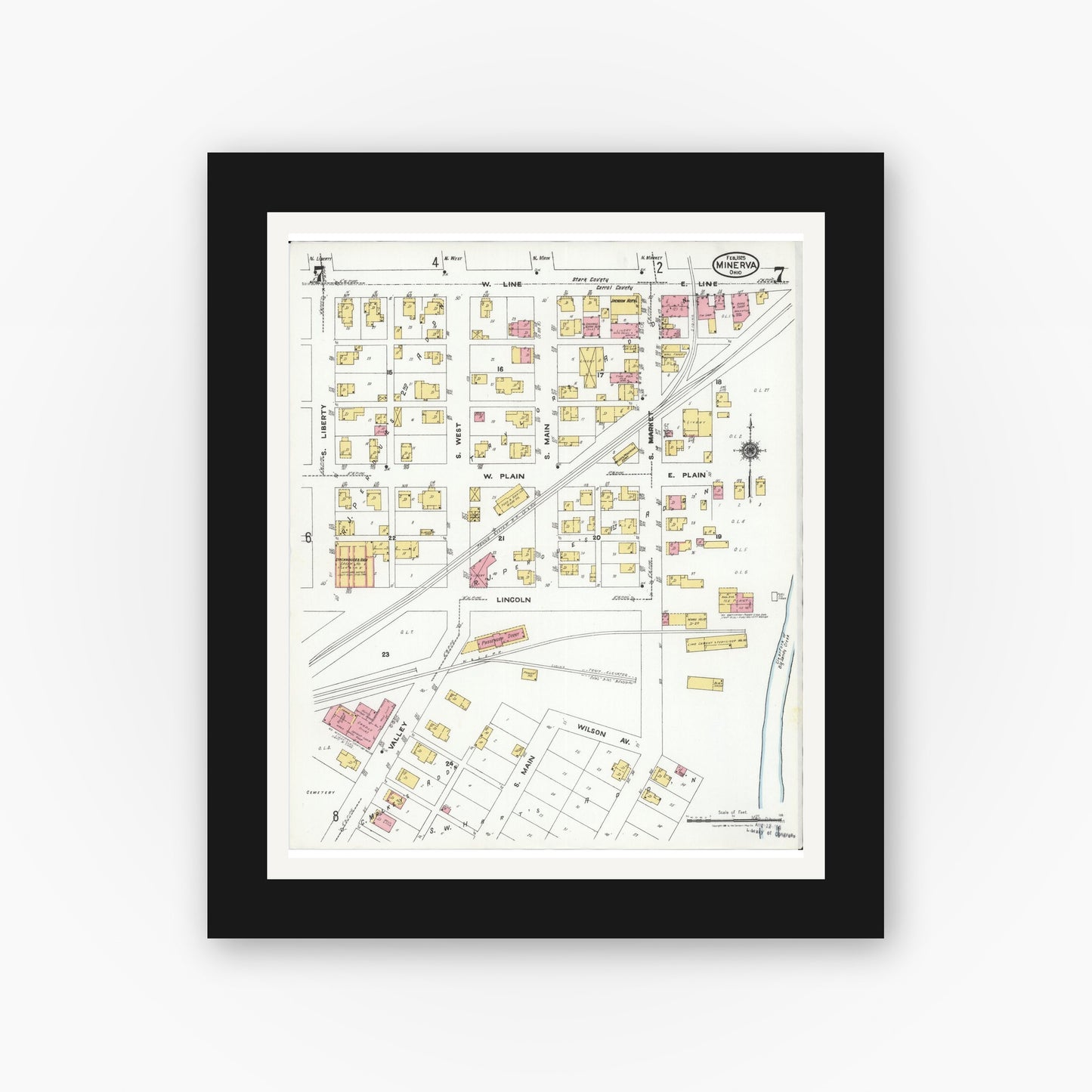 Old map wall art mockup — black gallery frame with white mat — Sanborn Fire Insurance Map from Minerva, Stark And Carroll Counties, Ohio (1925), Sheet #0007