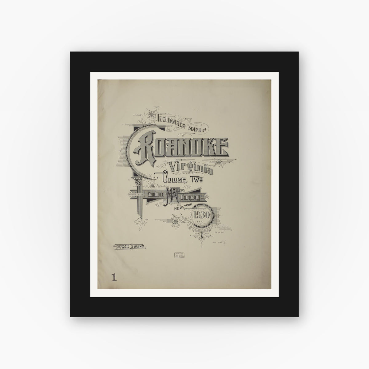 Old map wall art mockup — black gallery frame with white mat — Sanborn Fire Insurance Map from Roanoke, Independent Cities, Virginia (1930), Sheet #0001
