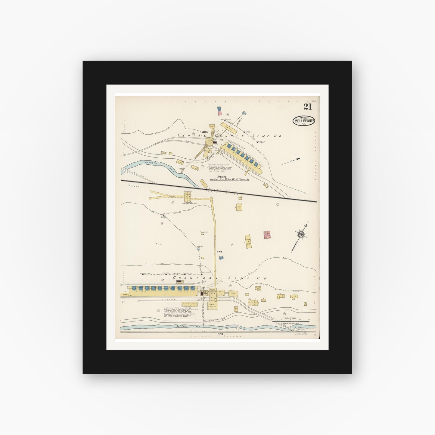Old map wall art mockup — black gallery frame with white mat — Sanborn Fire Insurance Map from Bellefonte, Centre County, Pennsylvania (1922), Sheet #0021
