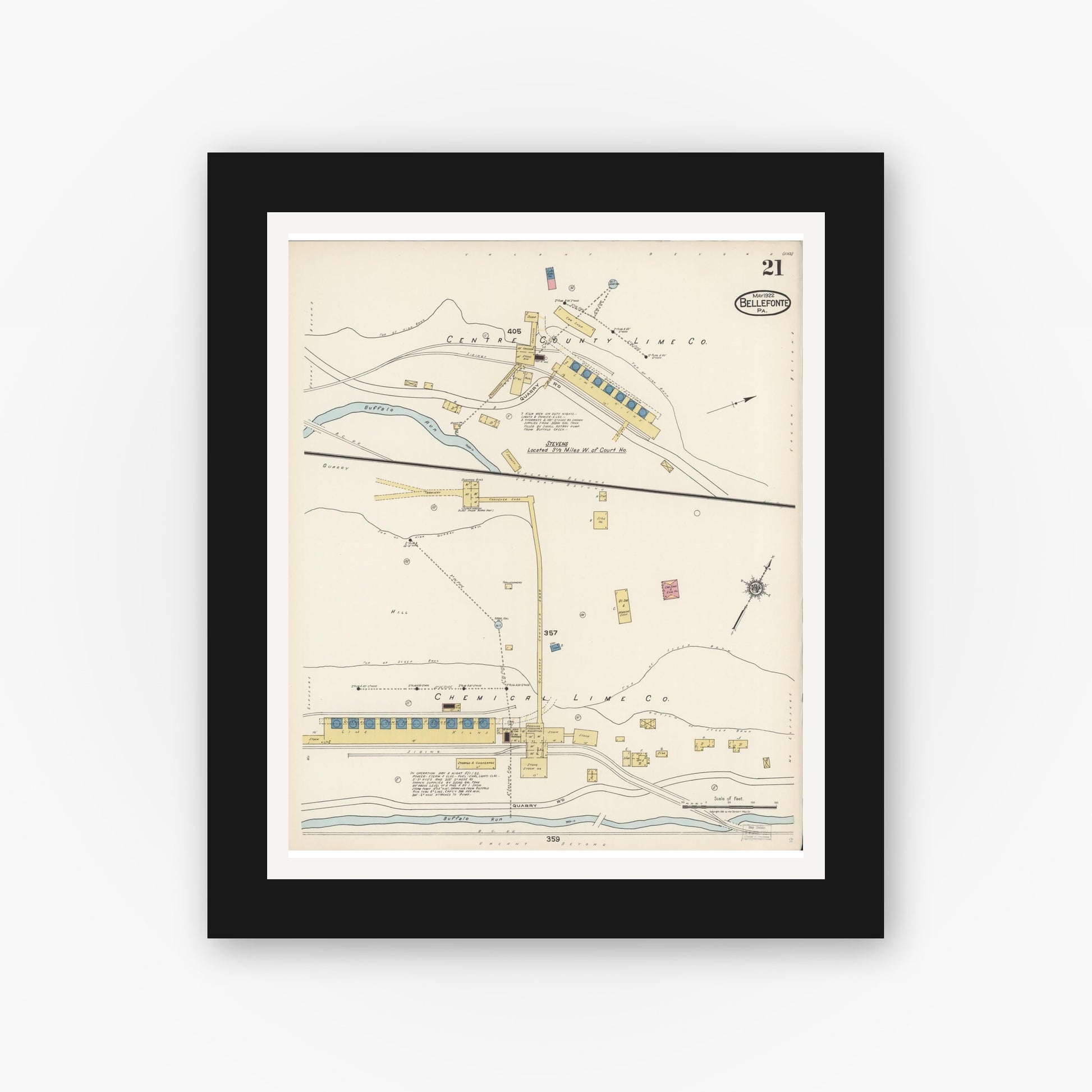 Old map wall art mockup — black gallery frame with white mat — Sanborn Fire Insurance Map from Bellefonte, Centre County, Pennsylvania (1922), Sheet #0021