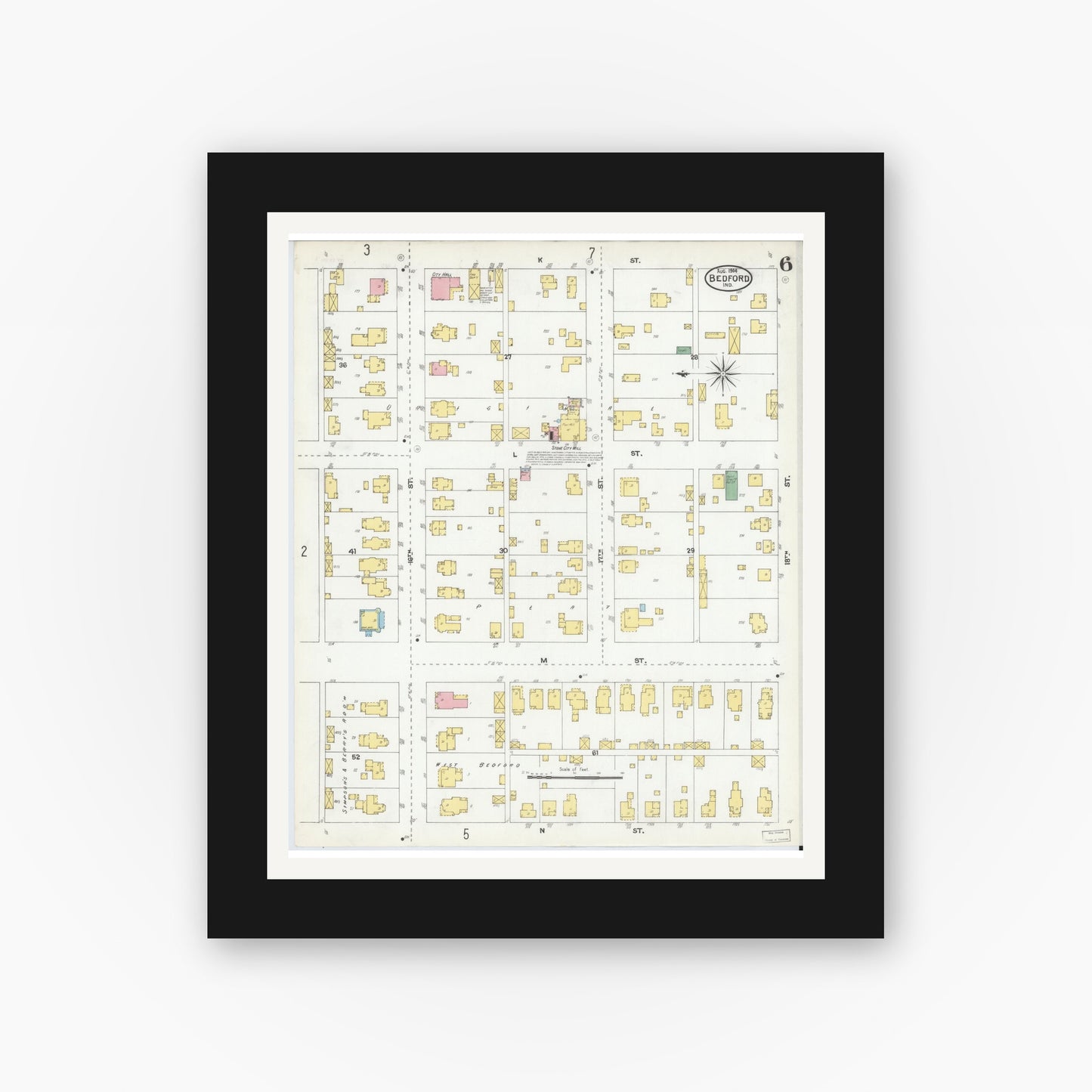 Old map wall art mockup — black gallery frame with white mat — Sanborn Fire Insurance Map from Bedford, Lawrence County, Indiana (1904), Sheet #0006