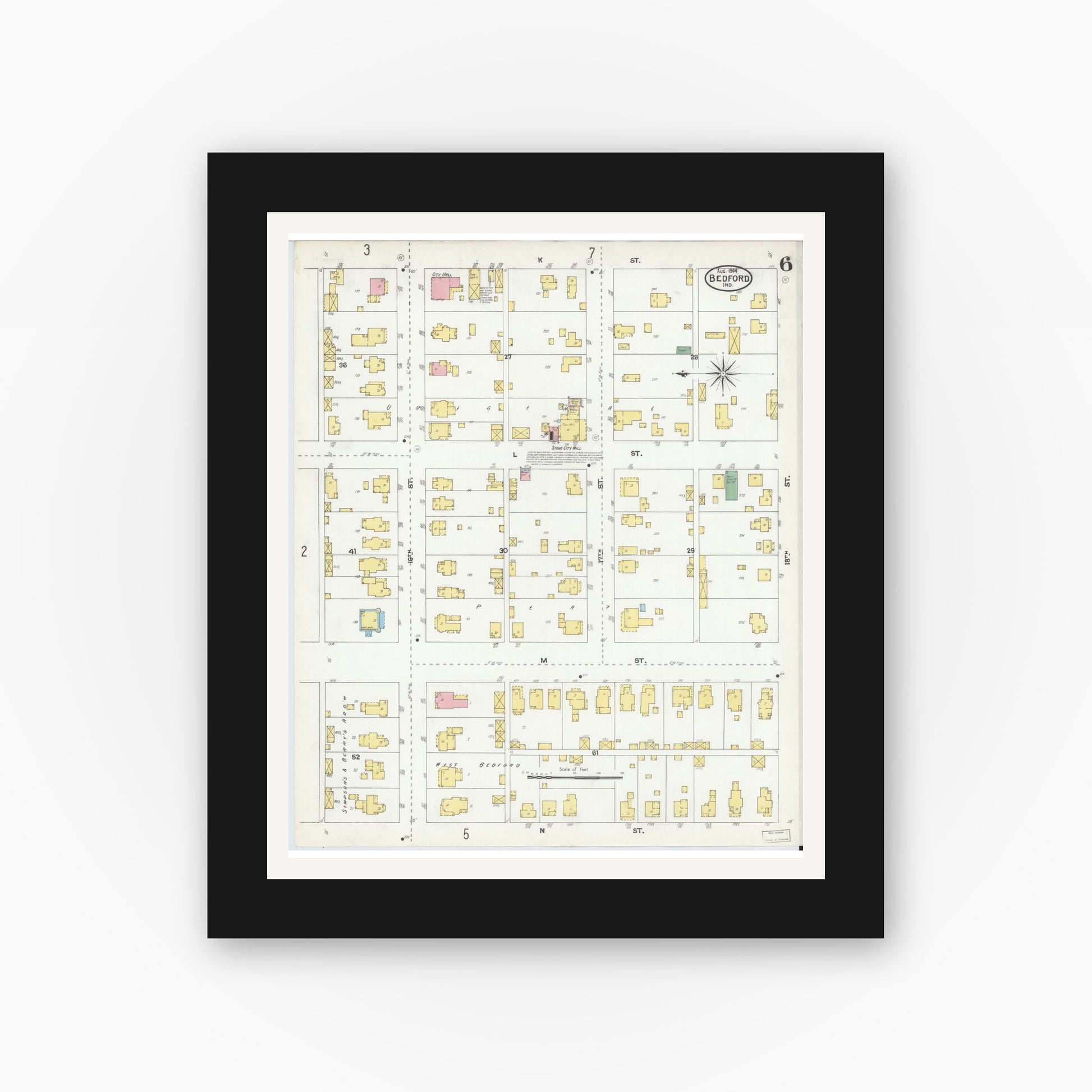 Old map wall art mockup — black gallery frame with white mat — Sanborn Fire Insurance Map from Bedford, Lawrence County, Indiana (1904), Sheet #0006