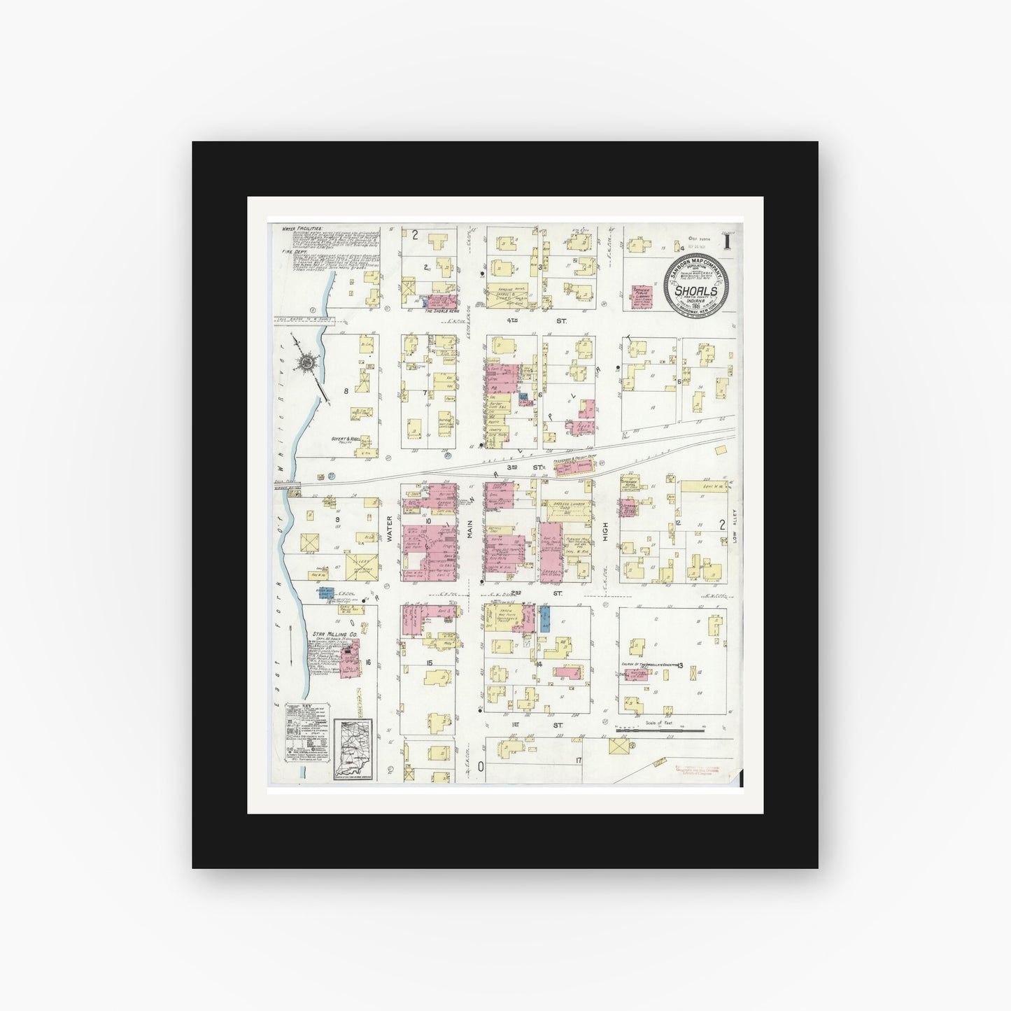 Old map wall art mockup — black gallery frame with white mat — Sanborn Fire Insurance Map from Shoals, Martin County, Indiana (1921) - Complete Map Set