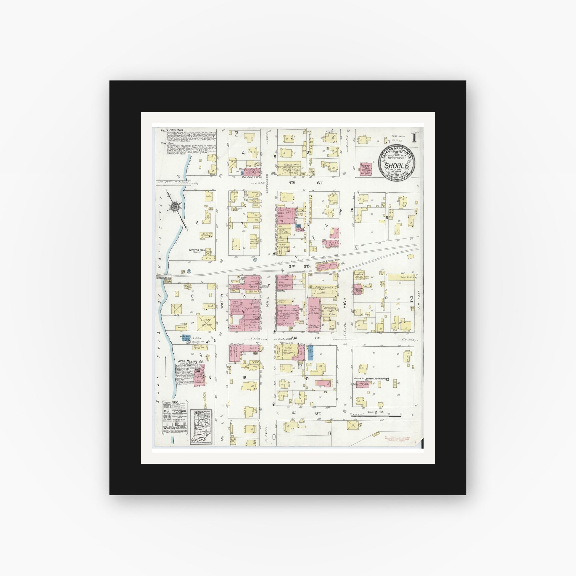 Old map wall art mockup — black gallery frame with white mat — Sanborn Fire Insurance Map from Shoals, Martin County, Indiana (1921) - Complete Map Set