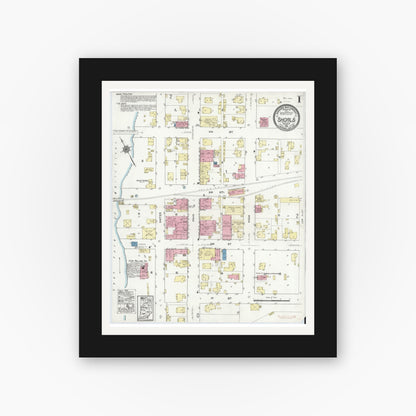 Old map wall art mockup — black gallery frame with white mat — Sanborn Fire Insurance Map from Shoals, Martin County, Indiana (1921) - Complete Map Set
