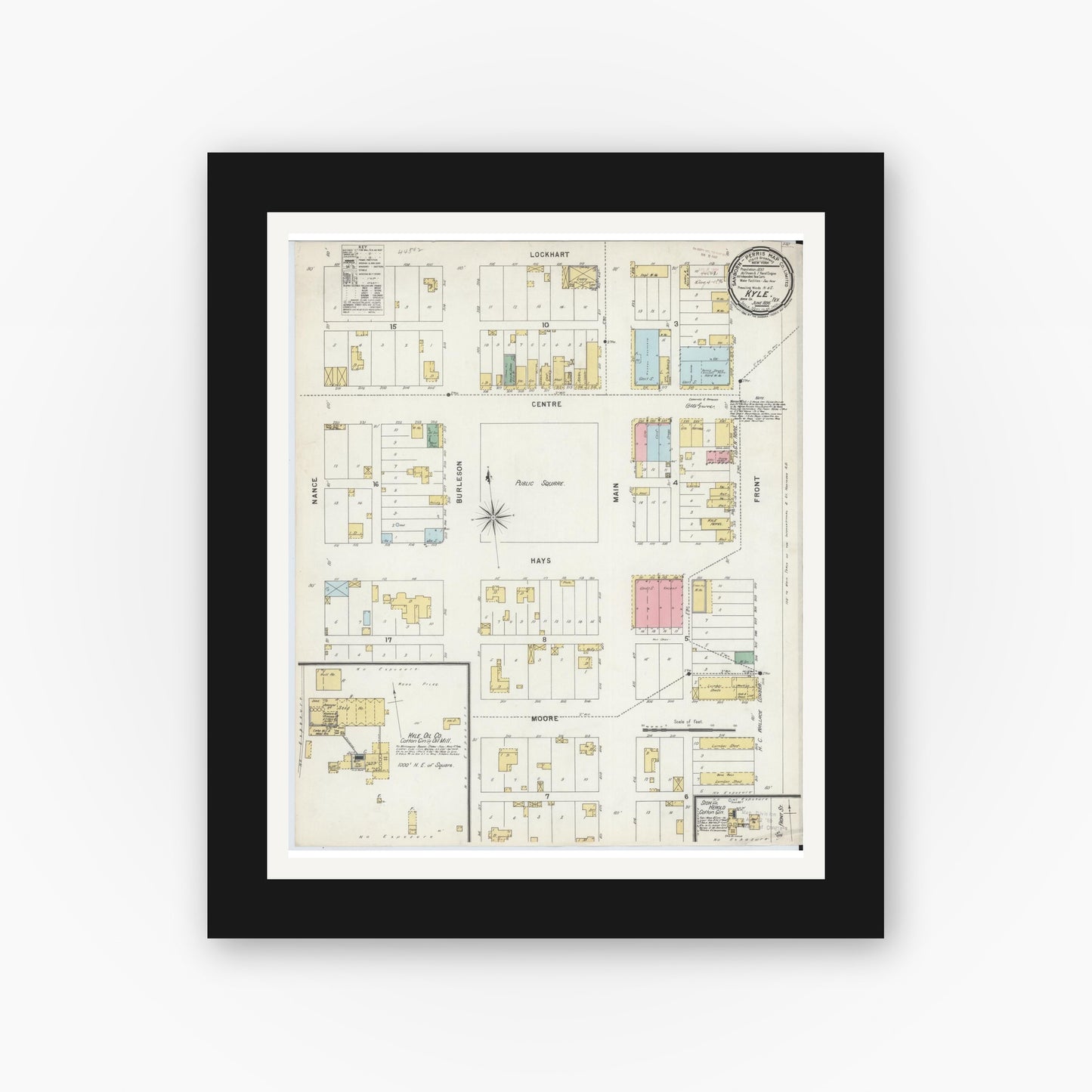 Old map wall art mockup — black gallery frame with white mat — Sanborn Fire Insurance Map from Kyle, Hays County, Texas (1896), Sheet #0001