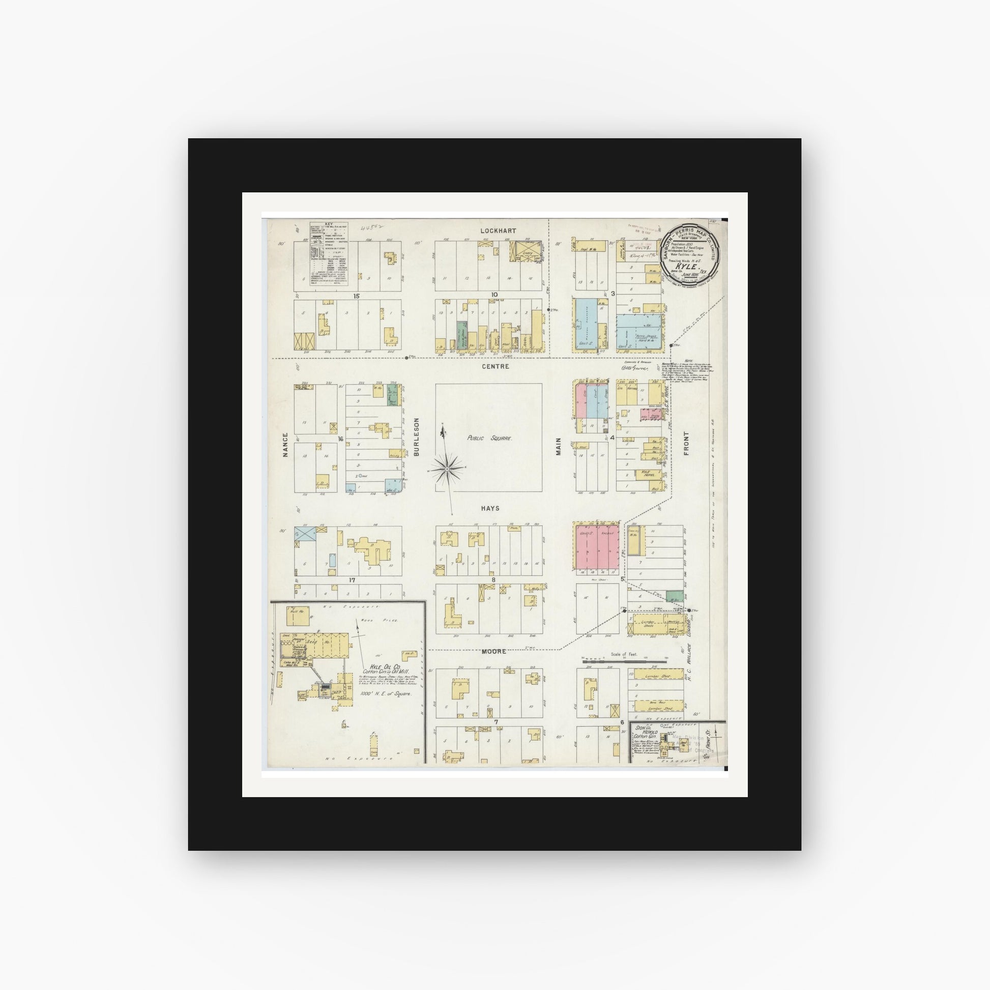 Old map wall art mockup — black gallery frame with white mat — Sanborn Fire Insurance Map from Kyle, Hays County, Texas (1896), Sheet #0001