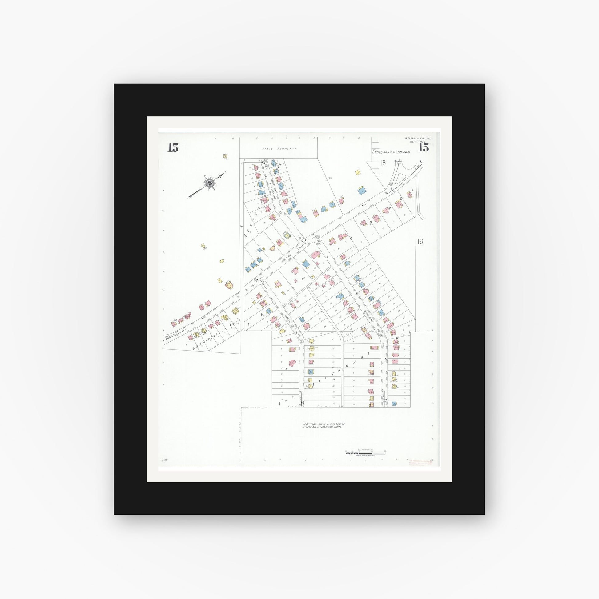 Old map wall art mockup — black gallery frame with white mat — Sanborn Fire Insurance Map from Jefferson City, Cole County, Missouri (1939), Sheet #0015