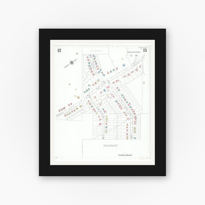 Old map wall art mockup — black gallery frame with white mat — Sanborn Fire Insurance Map from Jefferson City, Cole County, Missouri (1939), Sheet #0015