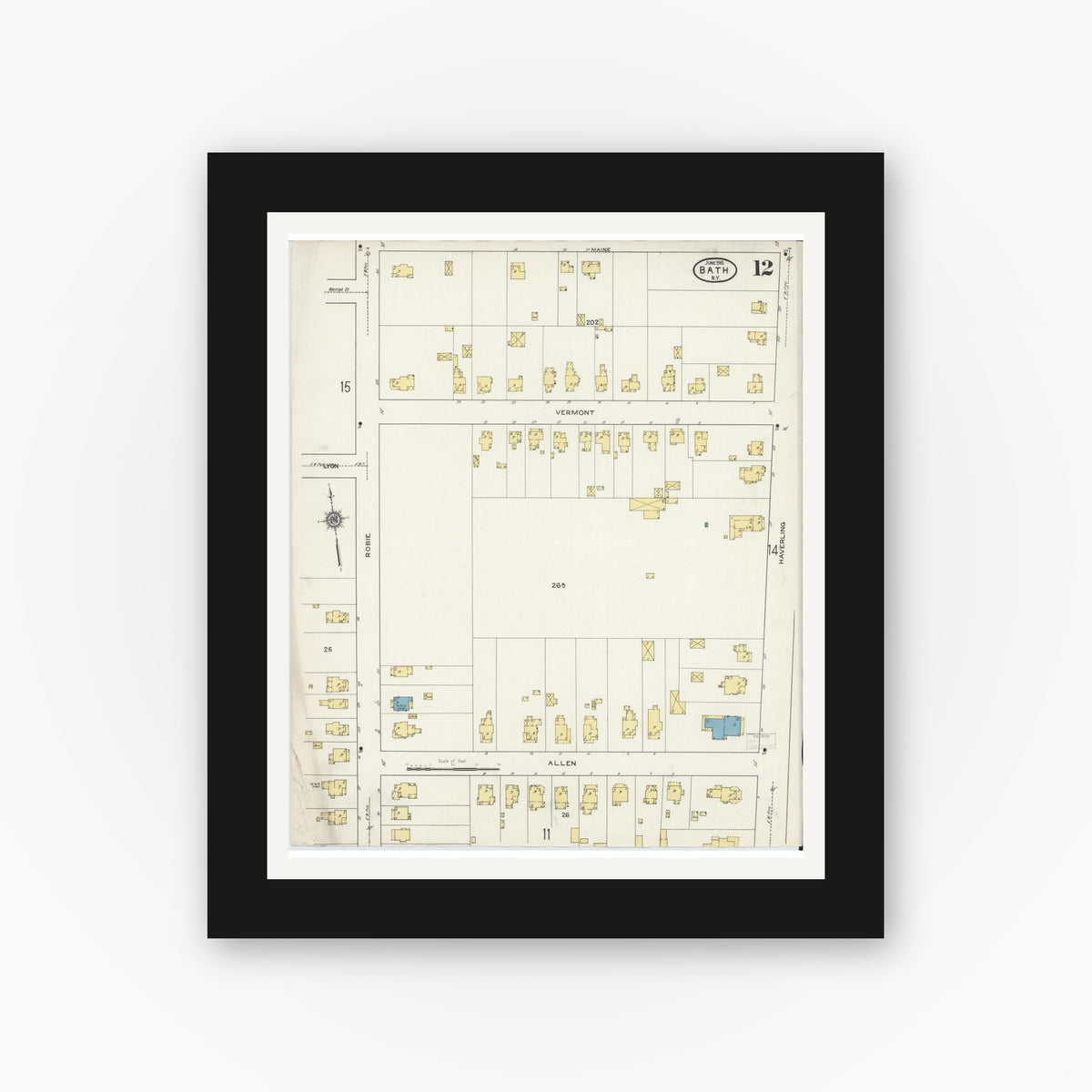 Old map wall art mockup — black gallery frame with white mat — Sanborn Fire Insurance Map from Bath, Steuben County, New York (1915), Sheet #0012