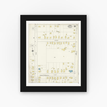 Old map wall art mockup — black gallery frame with white mat — Sanborn Fire Insurance Map from Bath, Steuben County, New York (1915), Sheet #0012