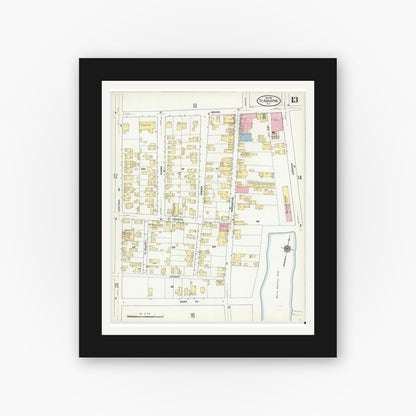 Old map wall art mockup — black gallery frame with white mat — Sanborn Fire Insurance Map from Saint Augustine, Saint John's County, Florida (1910), Sheet #0013