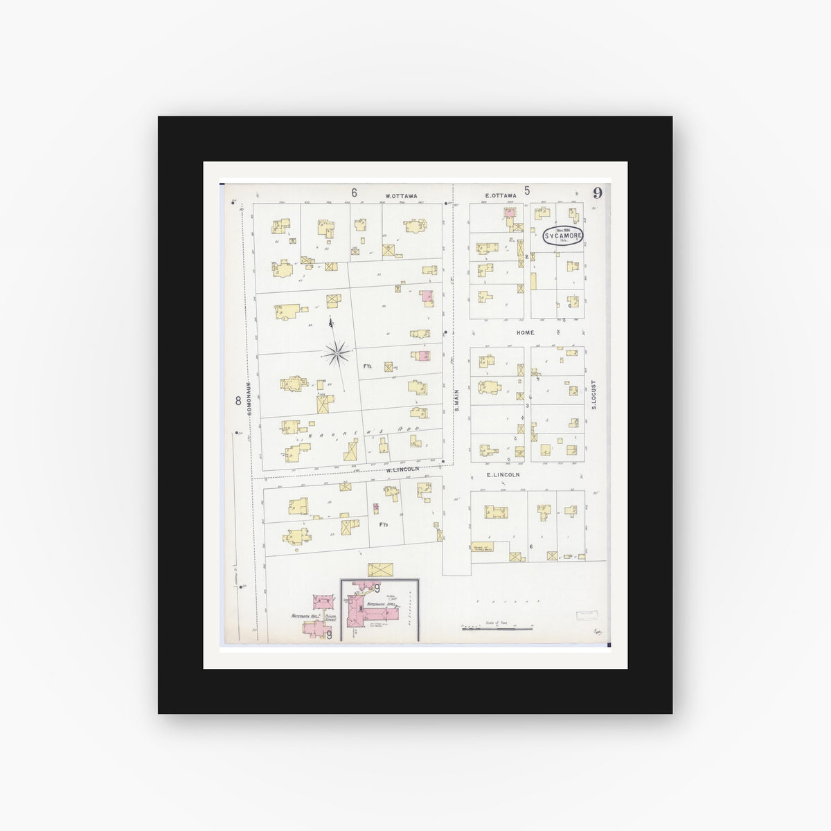 Old map wall art mockup — black gallery frame with white mat — Sanborn Fire Insurance Map from Sycamore, De Kalb County, Illinois (1896), Sheet #0009