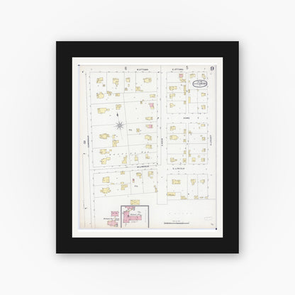 Old map wall art mockup — black gallery frame with white mat — Sanborn Fire Insurance Map from Sycamore, De Kalb County, Illinois (1896), Sheet #0009