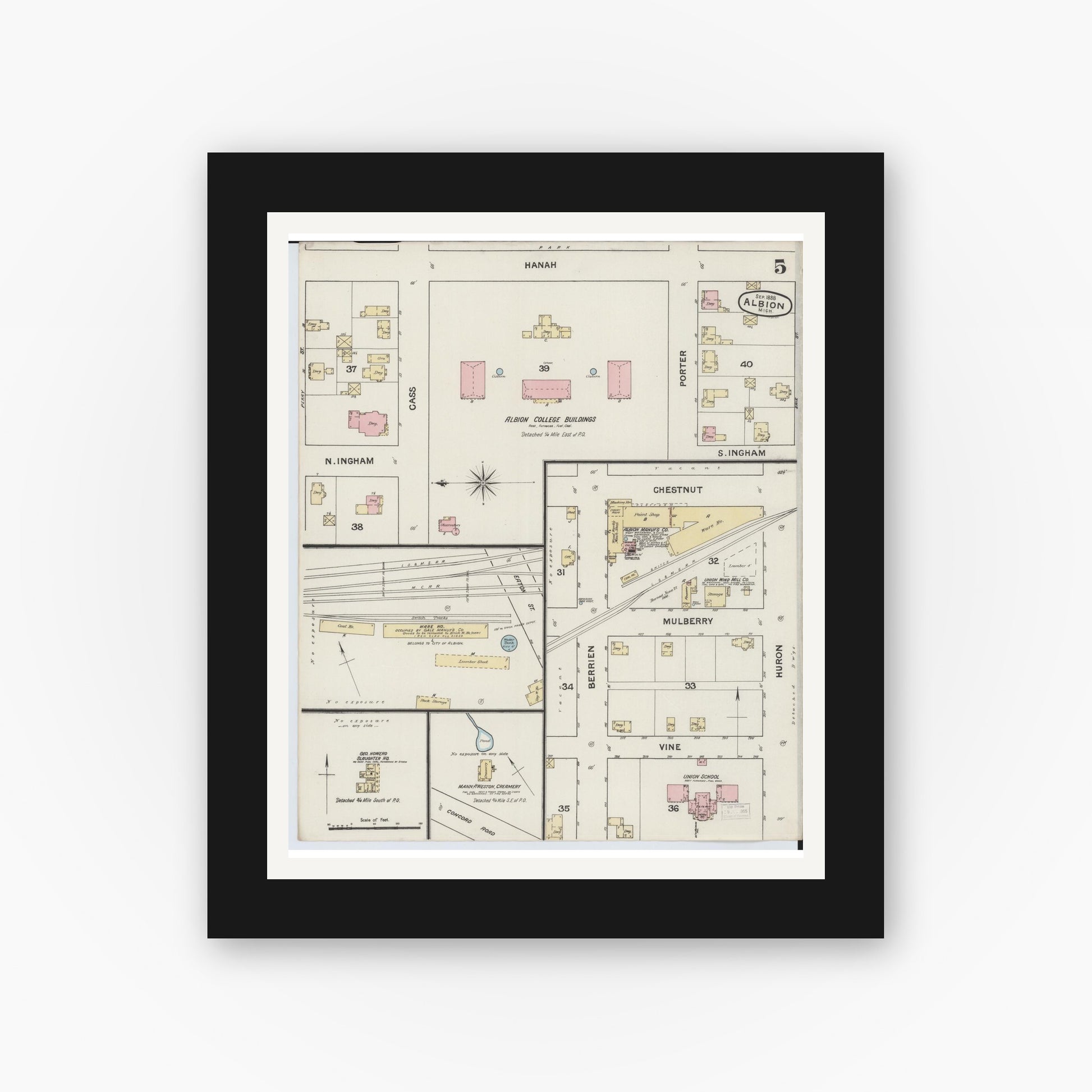 Old map wall art mockup — black gallery frame with white mat — Sanborn Fire Insurance Map from Albion, Calhoun County, Michigan (1888), Sheet #0005